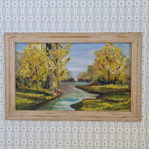 Oil Painting of River Flowing in Wood Frame
