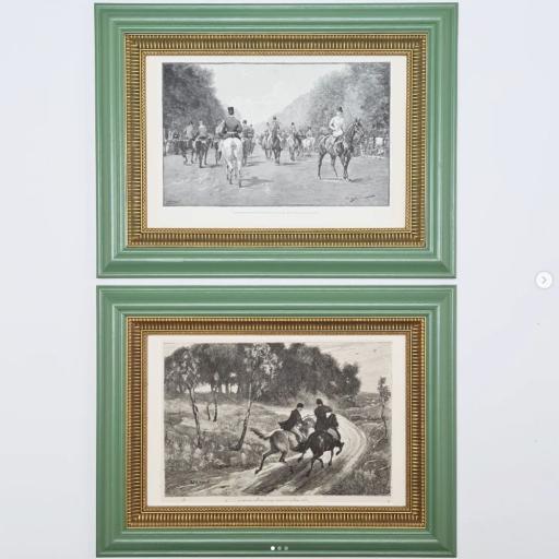 Pair of Equestrian Black and White Prints in Green Frames WAS £140