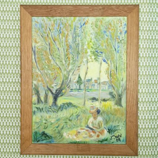 Sitting Lady and Trees Vintage Oil Painting