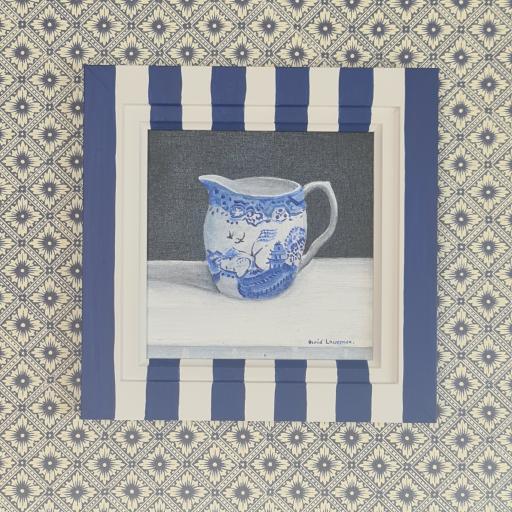 Original Painting of Blue and White Jug in Striped Frame