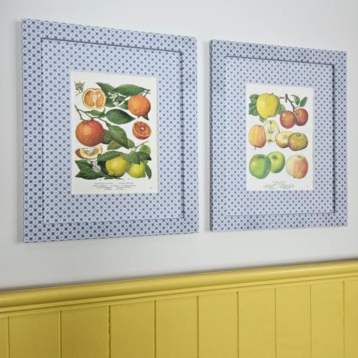 Pair of Fruit Prints in Trellis Blue Wrapped Frame and Mount