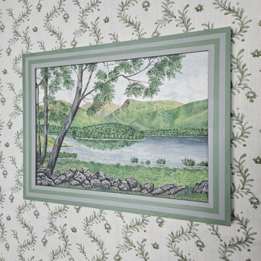 Original Painting of Lakeside View in Handpainted Striped Frame