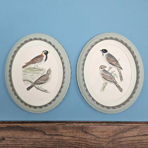 Pair of Antique Bird Prints in Oval Handpainted Frames (Green)