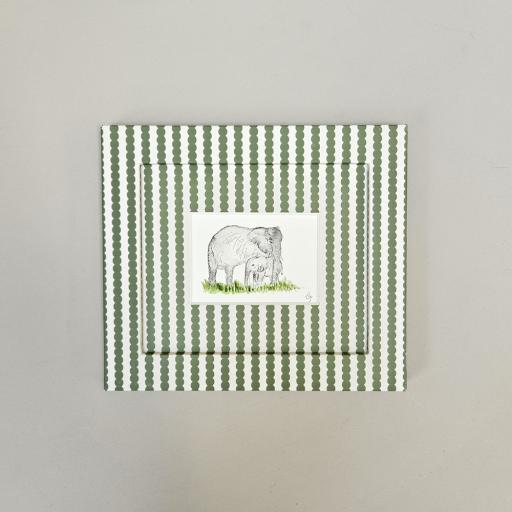 Watercolour of Elephant in Wrapped Frame in Green Bobbin Stripe