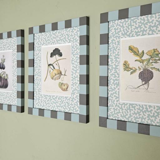 A Trio of Vegetable Prints in Decorative Mounts and Striped Frames